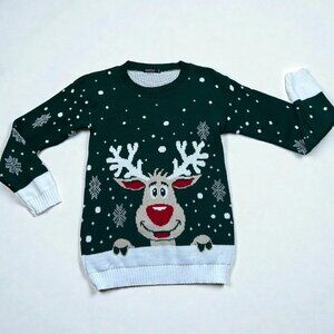 Boohoo Unisex Christmas Reindeer Sweater S/M Green Multi